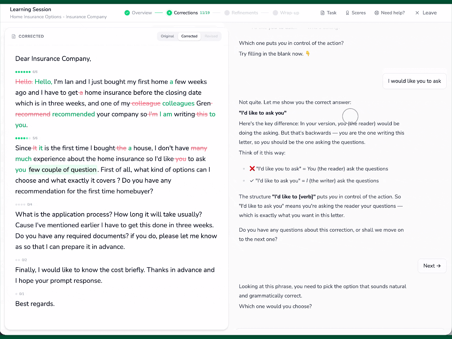 Tutor session correcting a student's essay